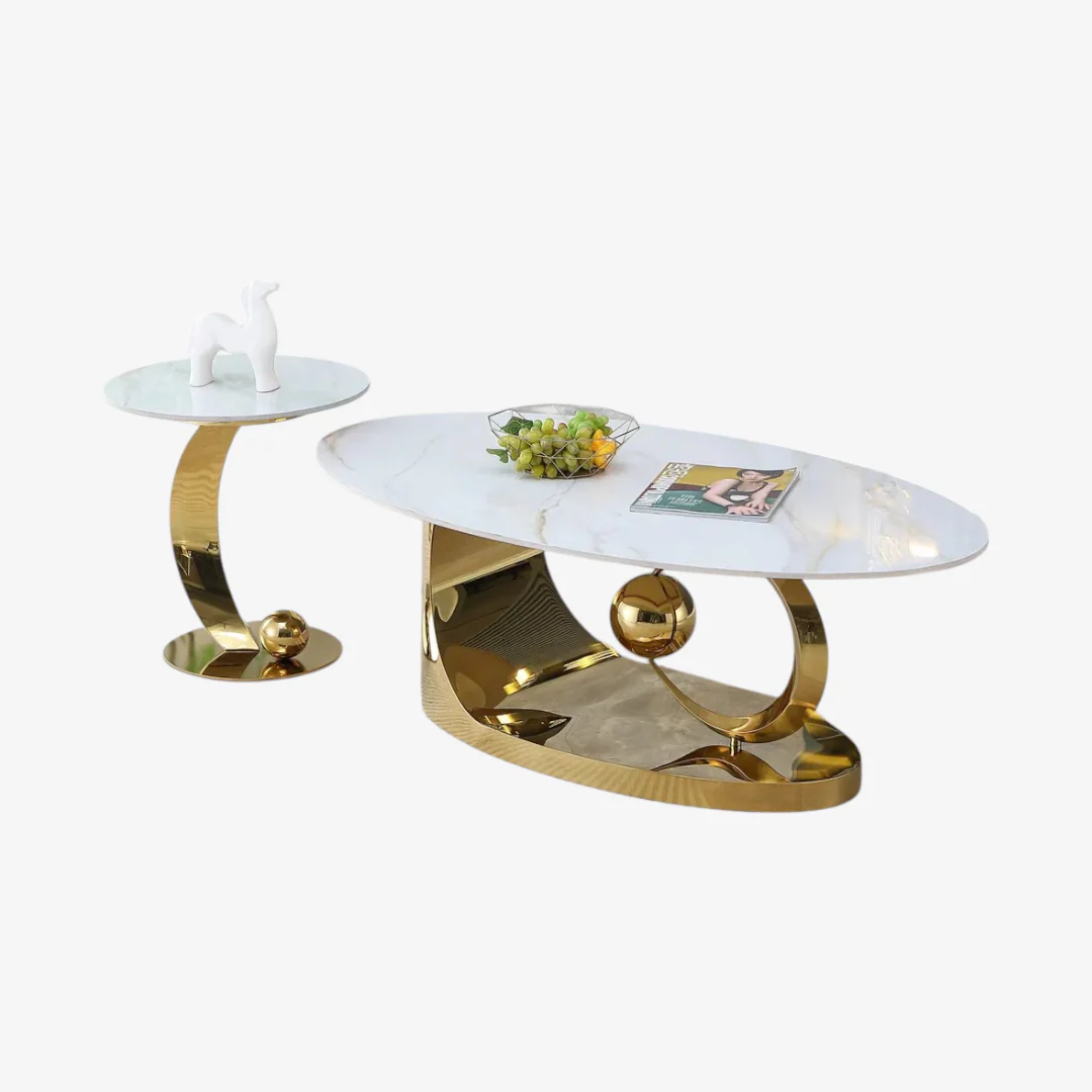 Aristocrat 3-Piece Coffee Table Set – White Sintered Stone & Gold Base