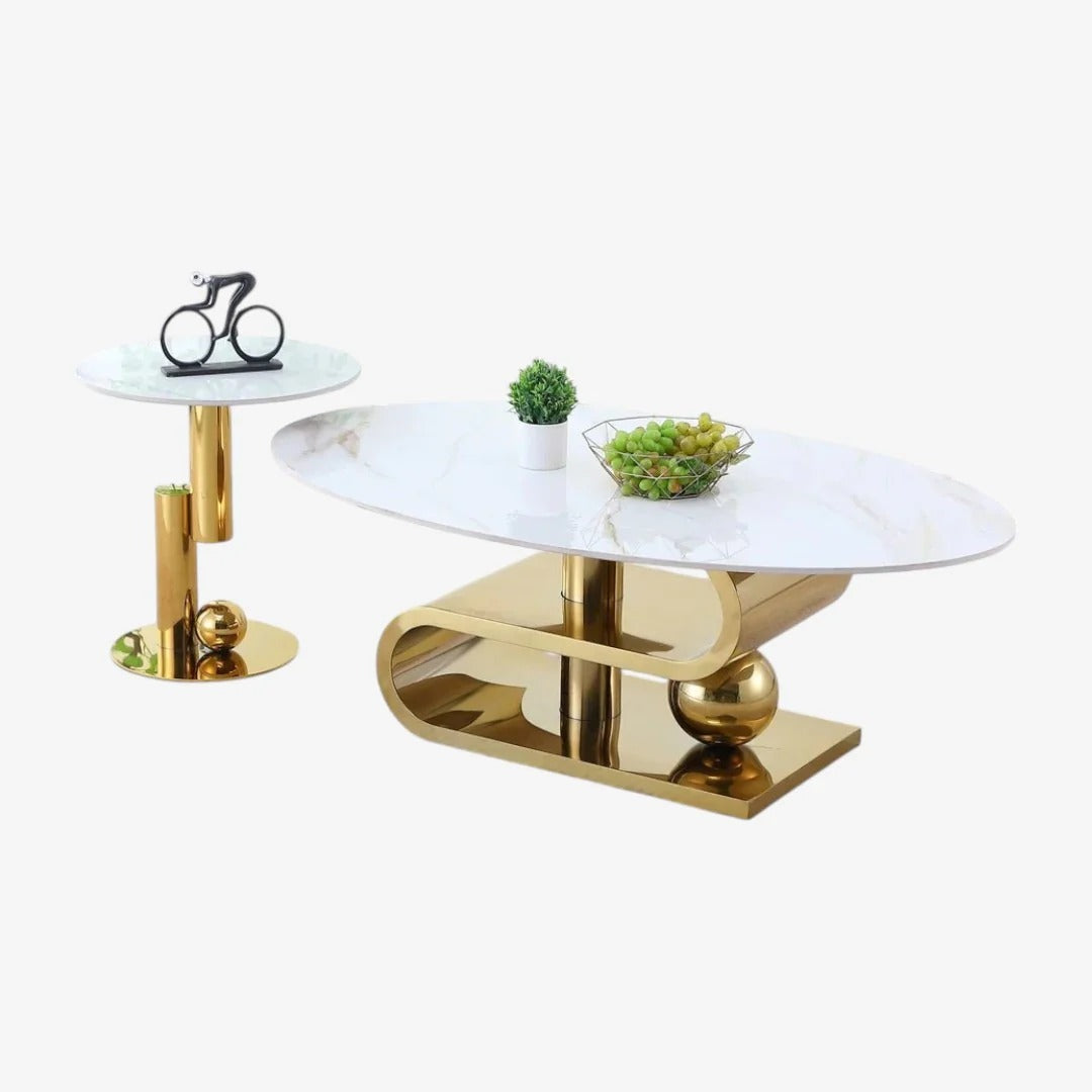Majesty 3-Piece Coffee Table Set – White Faux Marble & Gold Base