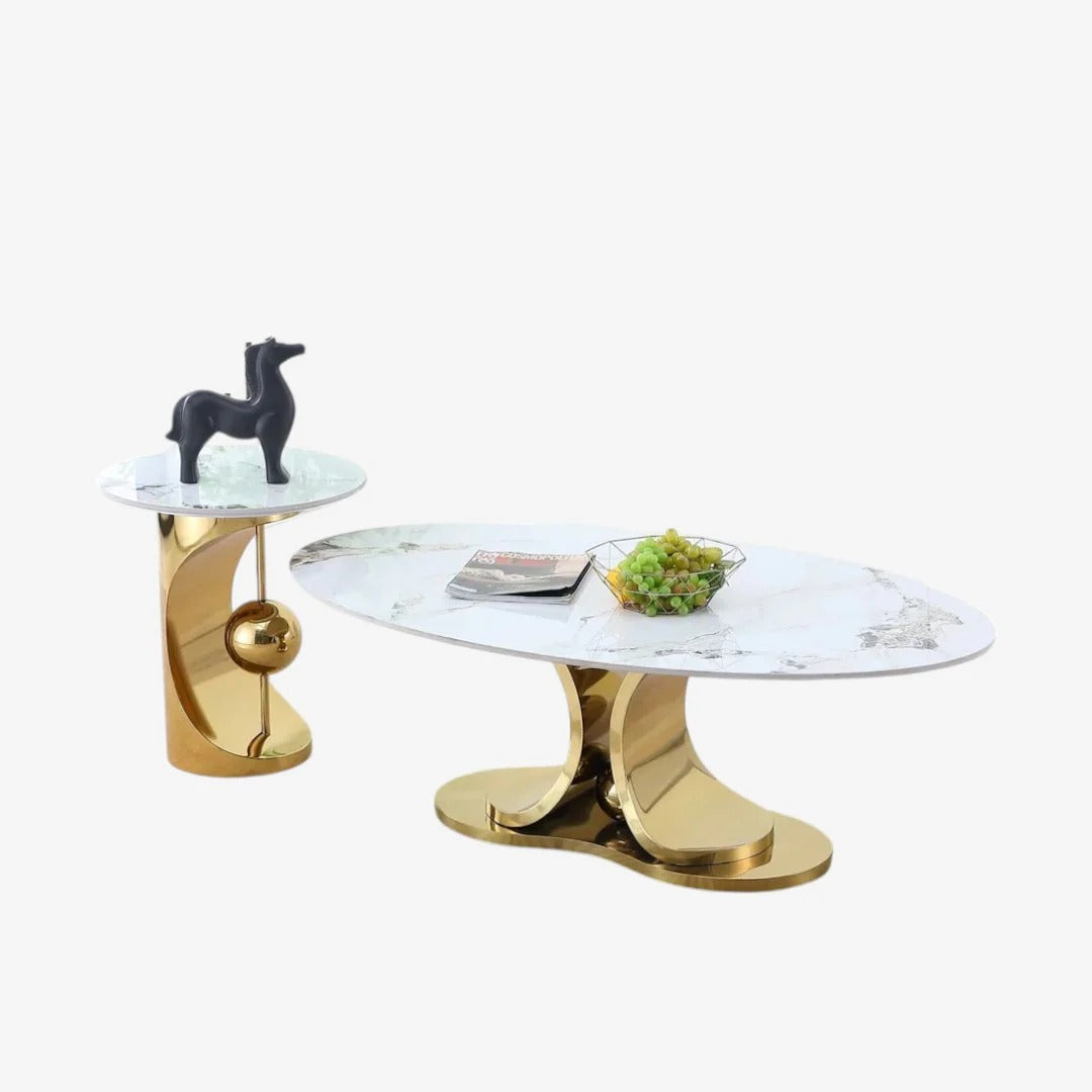 Crown 3-Piece Coffee Table Set – White Faux Marble & Gold Base