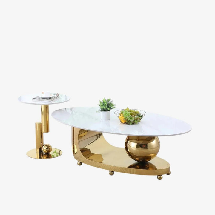 Nobleton 3-Piece Coffee Table Set – White Sintered Stone & Gold Metallic Base