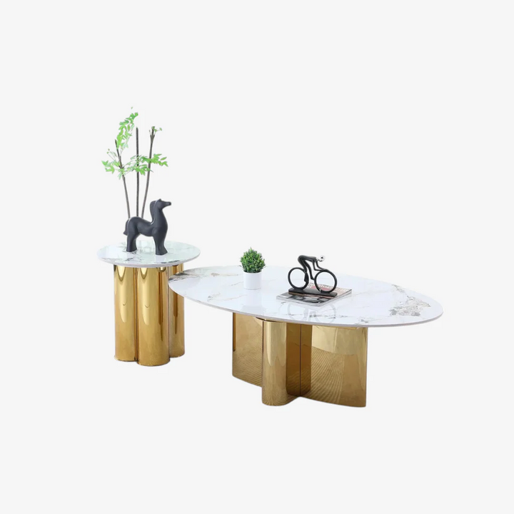 Elite 3-Piece Coffee Table Set – White Sintered Stone & Gold Metallic Base