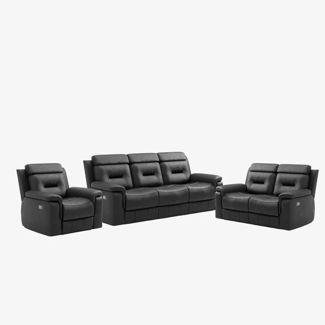 Rivaro Recliner Set Midnight Black | Genuine Leather Manual Recliner Chair, Loveseat & Sofa