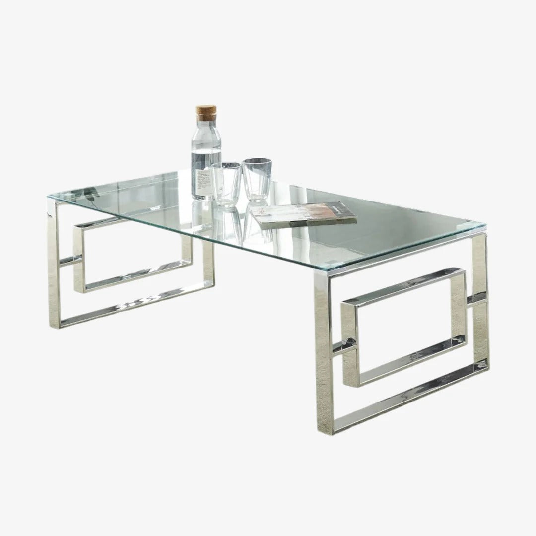 Jivin Coffee Table – Clear Tempered Glass Top & Silver Stainless Steel Base