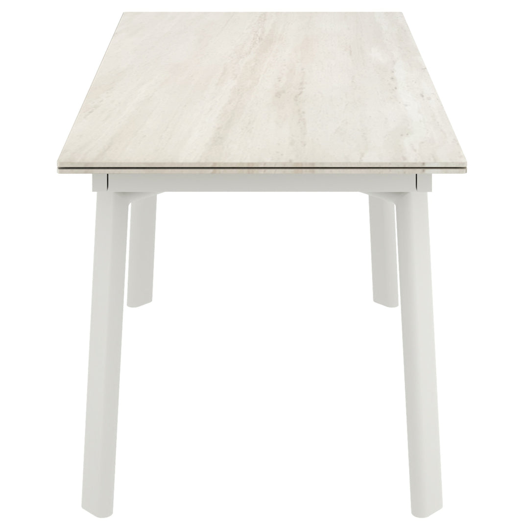 Arden Peak Contemporary Extendable Dining Table – Travertine Sintered Stone Top with Double Extension Leaves, Cream Metal Frame and Modern Dining Room Design