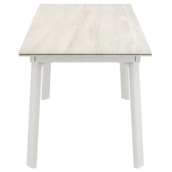 Arden Peak Contemporary Extendable Dining Table – Travertine Sintered Stone Top with Double Extension Leaves, Cream Metal Frame and Modern Dining Room Design