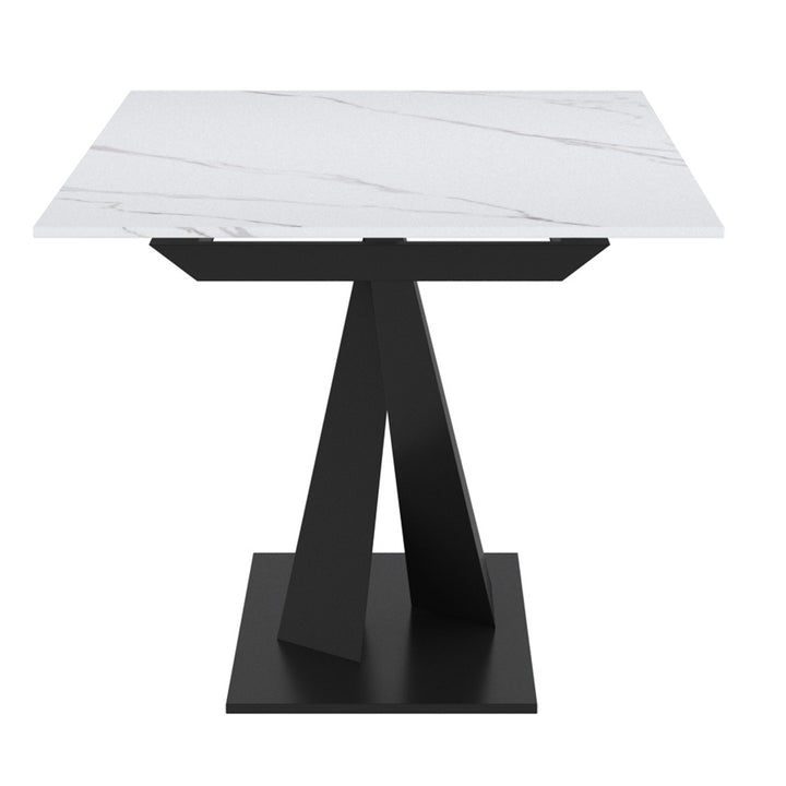 Eldoria Contemporary Extendable Dining Table – Sintered Stone Top with Geometric Black Metal Pedestal Base