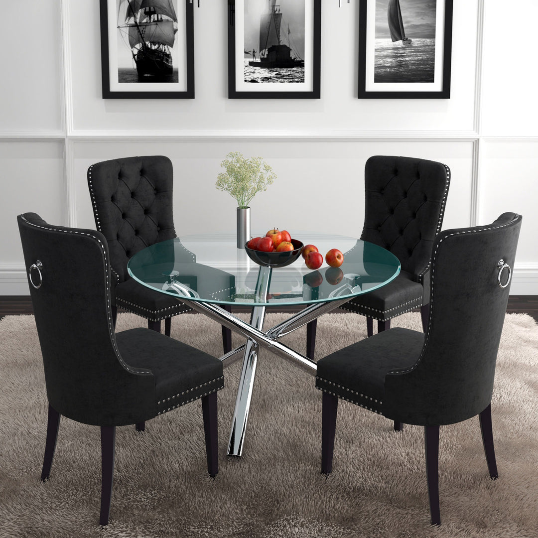 Soreno Dining Table – 10mm Clear Tempered Glass Top with Brushed Stainless Steel Accents And Chrome Metal Crossover Base for Contemporary Dining Spaces