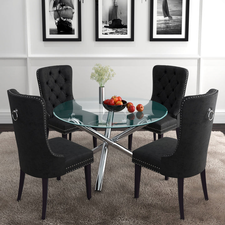 Soreno Dining Table – 10mm Clear Tempered Glass Top with Brushed Stainless Steel Accents And Chrome Metal Crossover Base for Contemporary Dining Spaces