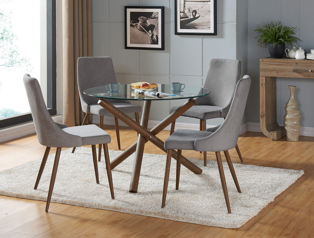 Calvion Contemporary Round Dining Table – 40" Clear Tempered Glass Top with Walnut Finish Metal Crossover Base, Brushed Stainless Steel Accent and Modern Design Dining Table