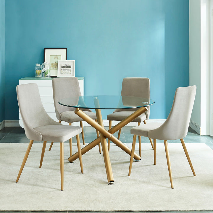 Bravion Contemporary Round Dining Table – 40" Clear Tempered Glass Top with Brushed Stainless Steel Accent, Aged Gold Crossover Metal Base and Modern Design Dining Table