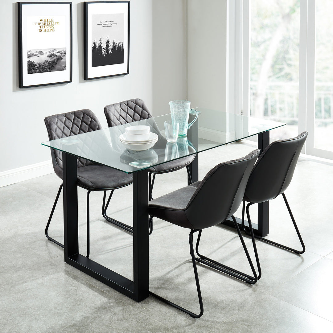 Alvara Contemporary Glass Dining Table – Rectangular 8mm Tempered Glass Top with Black Metal Legs and Brushed Stainless Steel Holders Compact Modern Dining Table