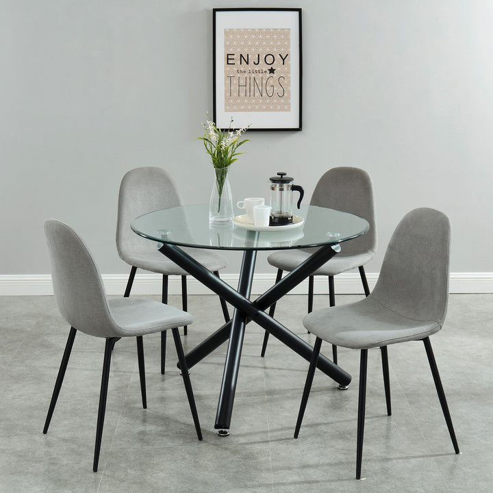 Sorran Contemporary Round Dining Table – Clear Tempered Glass Top with Brushed Stainless Steel Accent, Matte Black Crossover Metal Base and Modern Design Dining Table