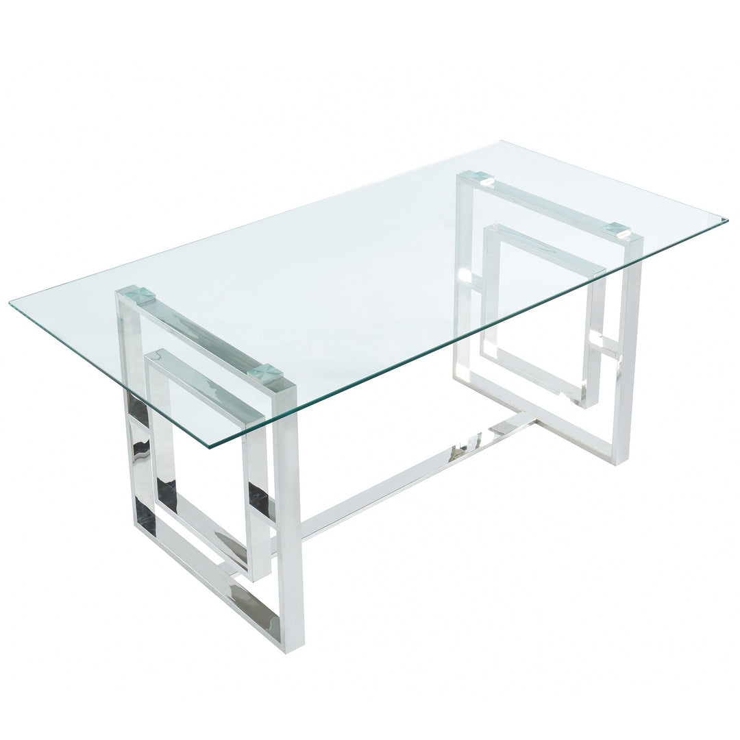 Kenvor Contemporary Glass Dining Table – 71" Rectangular 12mm Tempered Glass Top with Geometric Lattice Stainless Steel Frame and Polished Silver Finish Modern Dining Table
