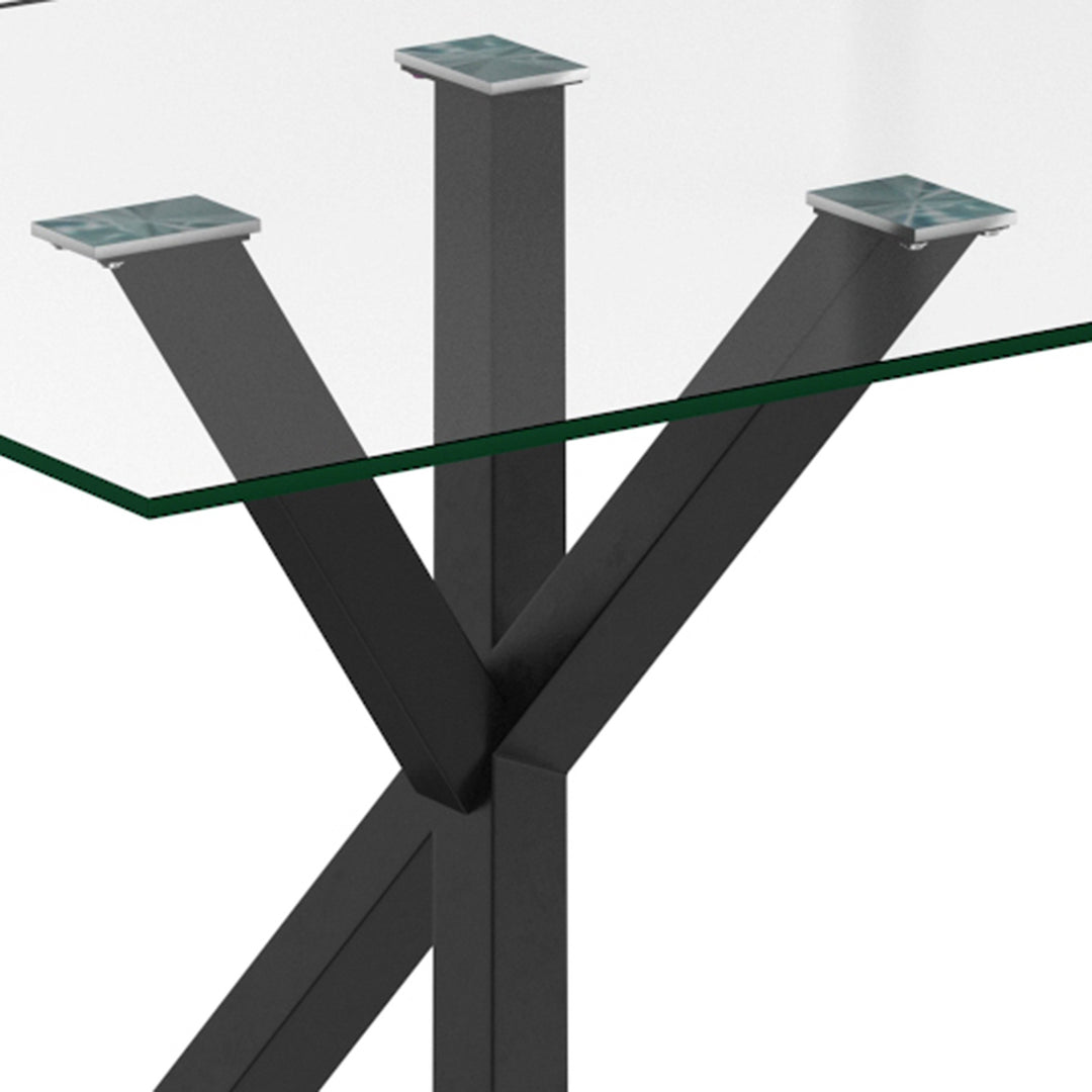 Eldora Contemporary Glass Dining Table – Rectangular Tempered Glass Top with Matte Black Metal Legs, Brushed Stainless Steel Holders and Geometric Modern Design Dining Table