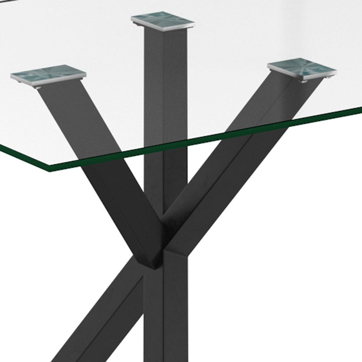 Eldora Contemporary Glass Dining Table – Rectangular Tempered Glass Top with Matte Black Metal Legs, Brushed Stainless Steel Holders and Geometric Modern Design Dining Table