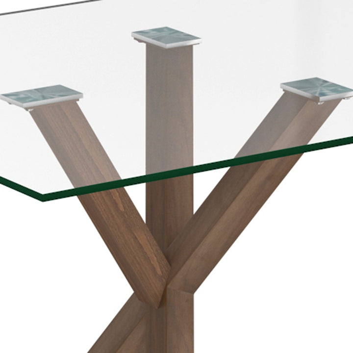 Aeris Contemporary Glass Dining Table – Rectangular Tempered Glass Top with Walnut Finish Metal Legs, Brushed Stainless Steel Holders and Geometric Modern Design Dining Table