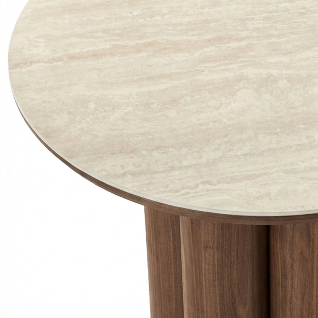 Orlancia Mid-Century Modern Round Dining Table – Sintered Stone Travertine Top with Walnut Veneer Pedestal Base and Beveled Edge Dining Table