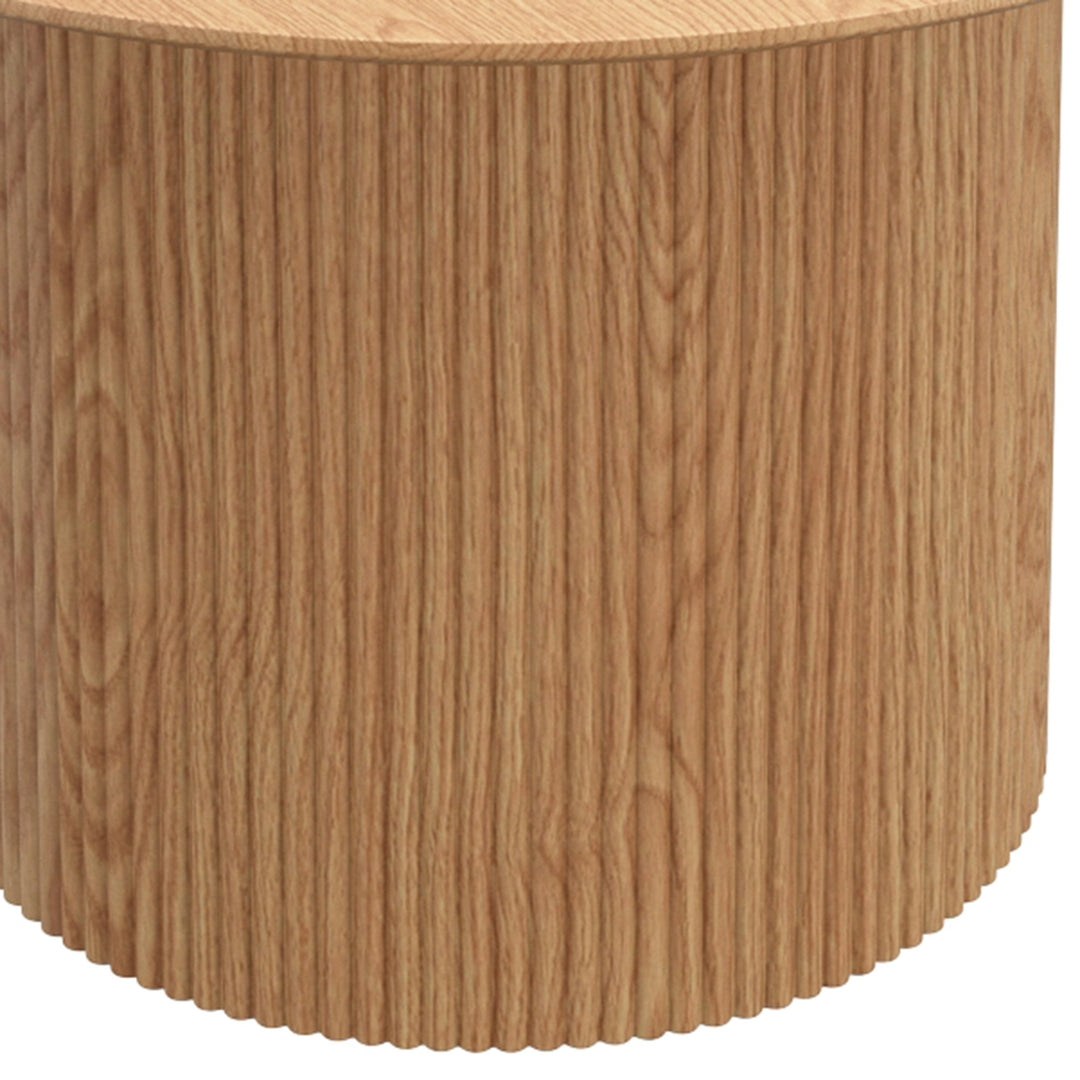 Velmora Mid-Century Modern Round Dining Table – Engineered Wood Oak Veneer Top with Reeded Pedestal Base and Reverse Bevel Wood Grain Finish Dining Table