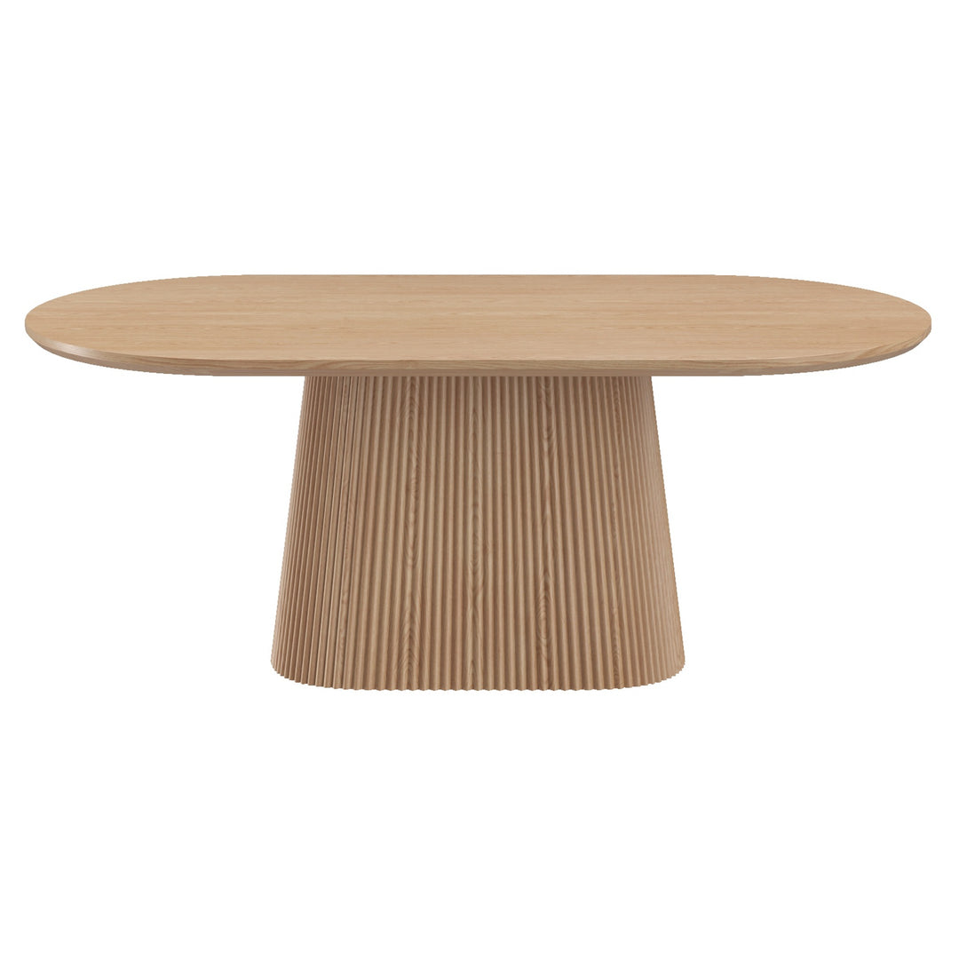 Bravion Mid-Century Modern Oval Dining Table – Engineered Wood Oak Veneer Top with Wide Reeded Pedestal Base and Reverse Bevel Wood Grain Finish Dining Table