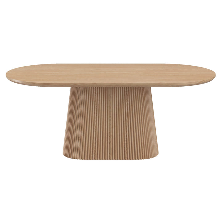 Bravion Mid-Century Modern Oval Dining Table – Engineered Wood Oak Veneer Top with Wide Reeded Pedestal Base and Reverse Bevel Wood Grain Finish Dining Table