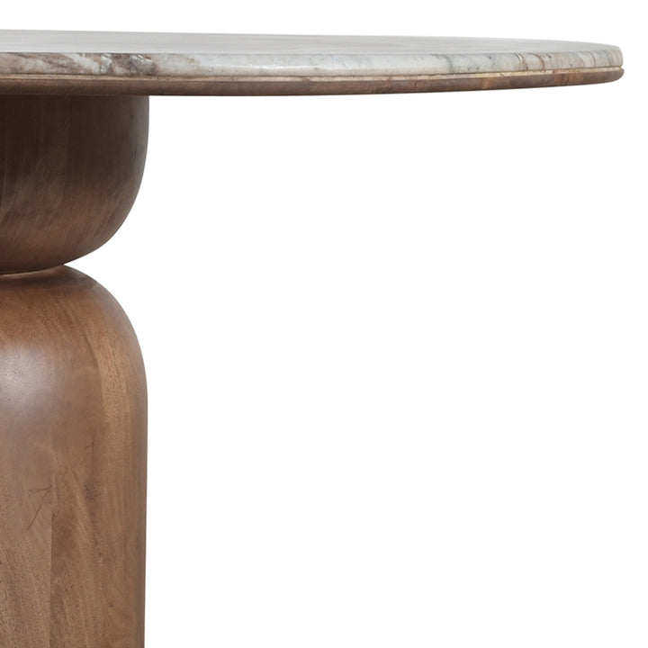 Norlix Mid-Century Modern Round Dining Table – Solid Mango Wood Table with Fantasy Brown Marble Top and Walnut Finish Pedestal Base