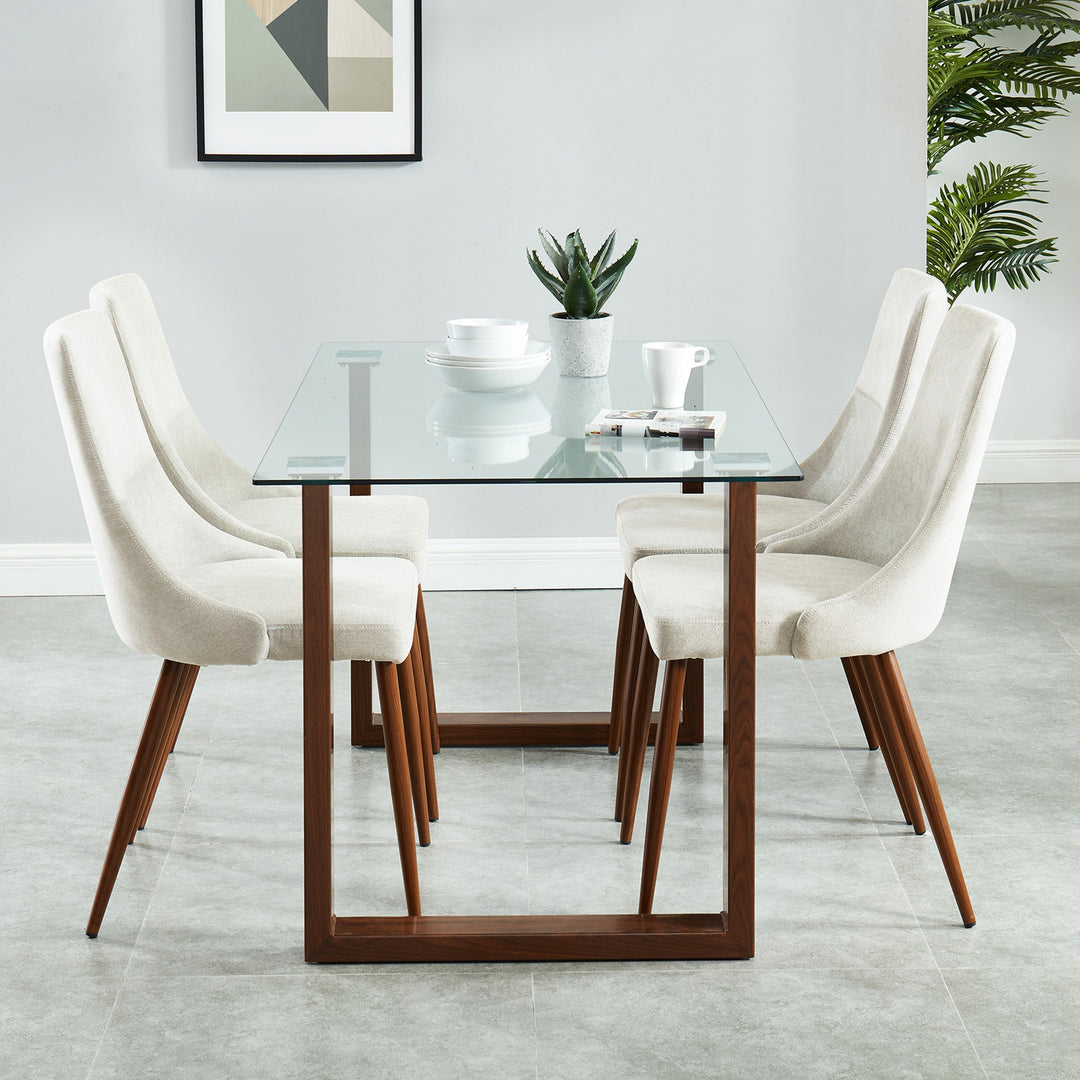 Delvaro Mid-Century Modern Chair – Set of 2 Curved Wood Frame Fabric Upholstered Chairs with Walnut Finish Metal Legs