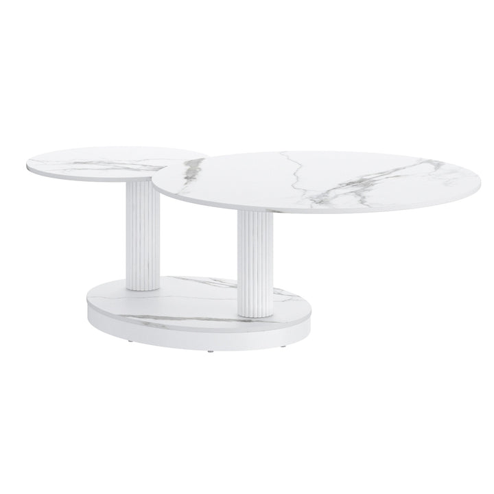 Trionex Contemporary Coffee Table – Extendable Sintered Stone Top with White Marble Finish & Reeded Steel Base