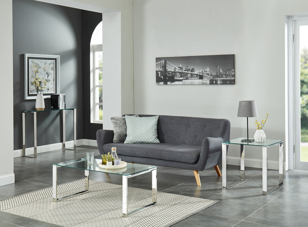Elsinora Contemporary Coffee Table – 8mm Clear Tempered Glass Top with Stainless Steel Frame (Polished Silver Finish)