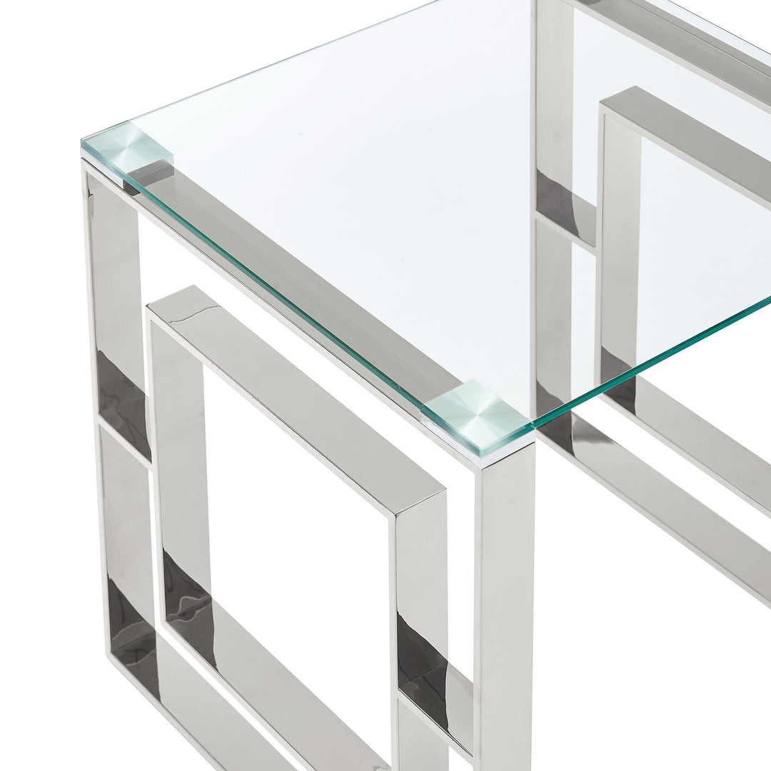 Virello Contemporary Coffee Table – 8mm Clear Tempered Glass Top with Geometric Lattice Stainless Steel Frame (Polished Silver Finish)