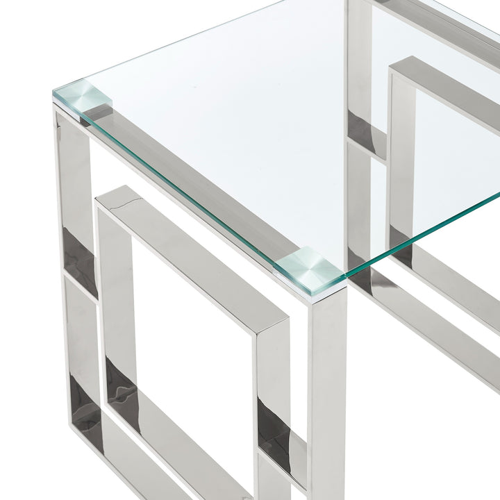 Virello Contemporary Coffee Table – 8mm Clear Tempered Glass Top with Geometric Lattice Stainless Steel Frame (Polished Silver Finish)
