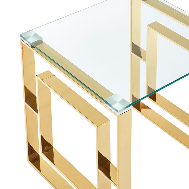 Velquro Contemporary Coffee Table – 8mm Clear Tempered Glass Top with Geometric Lattice Stainless Steel Frame (Polished Gold Finish)
