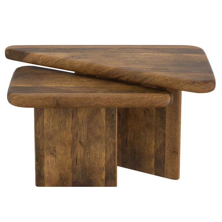 Calnex Mid-Century Modern Nesting Coffee Table Set – 2-Piece Solid Mango Wood Triangular Tables (Light Walnut Finish)