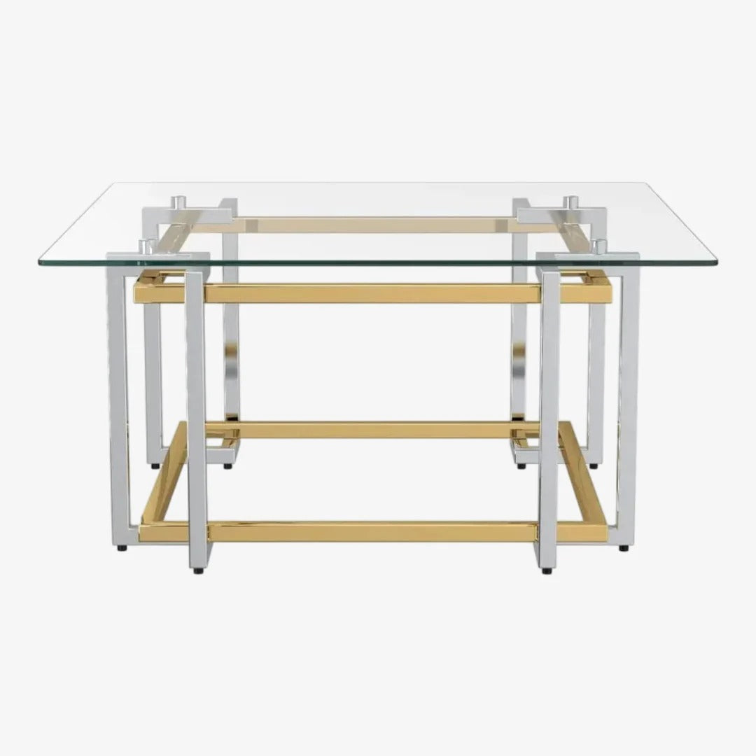 Illumina Coffee Table – Clear Tempered Glass Top & Gold–Silver Metallic Frame