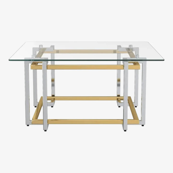 Illumina Coffee Table – Clear Tempered Glass Top & Gold–Silver Metallic Frame