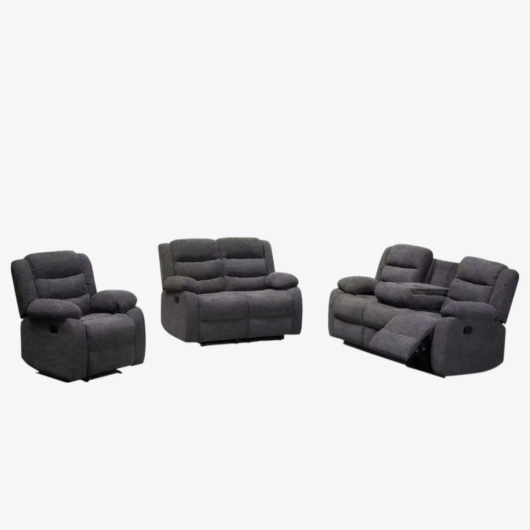 Cosmo Grey Recliner Set | Fabric Manual Recliner Chair, Loveseat & Sofa