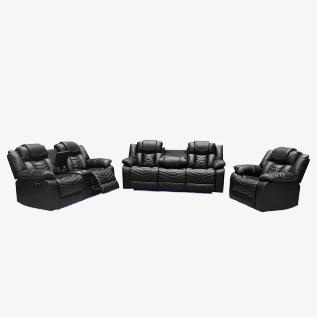 Orion Recliner Set – Power Recliner Chair, Loveseat & Sofa with Bluetooth Speakers, LED Lighting, and Storage Console
