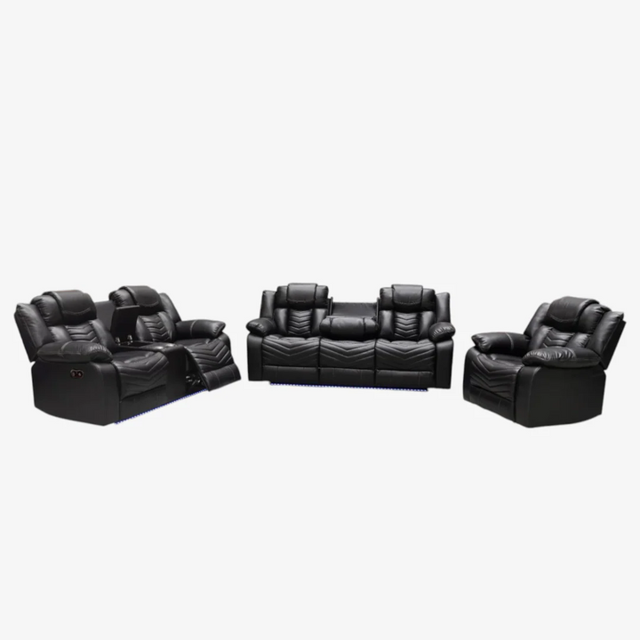 Orion Recliner Set – Power Recliner Chair, Loveseat & Sofa with Bluetooth Speakers, LED Lighting, and Storage Console