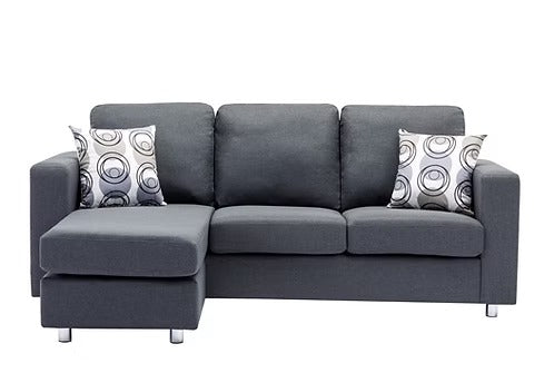 Korvello Reversible Sofa Sectional – Grey Fabric Sofa with Chrome Legs &amp; Accent Pillows