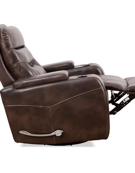 Quinvara Recliner Chair with Pull Handle, Swivel Glider Mechanism, Cup Holders, Storage Arms &amp; Zero Wallhugger Design in Soft Brown PU