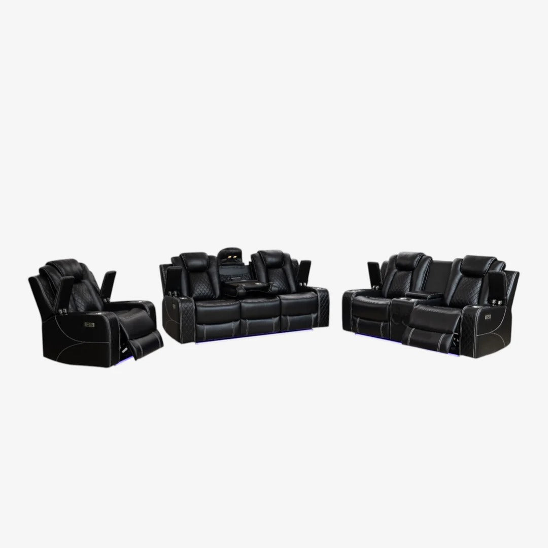 Silvara Recliner Set – Black Power Recliner Chair, Loveseat & Sofa with LED Lights, Bluetooth Speakers and Smart Storage