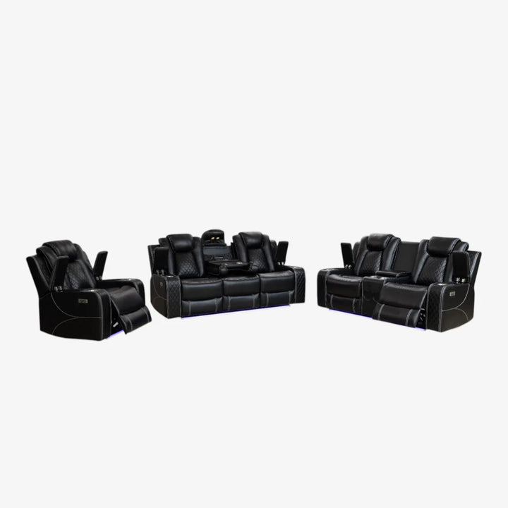 Silvara Recliner Set – Black Power Recliner Chair, Loveseat & Sofa with LED Lights, Bluetooth Speakers and Smart Storage