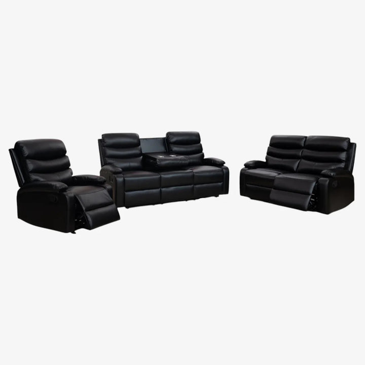 Moreno Recliner Set – Black Manual Recliner Chair, Loveseat & Sofa with Dropdown Tray and Cup Holders