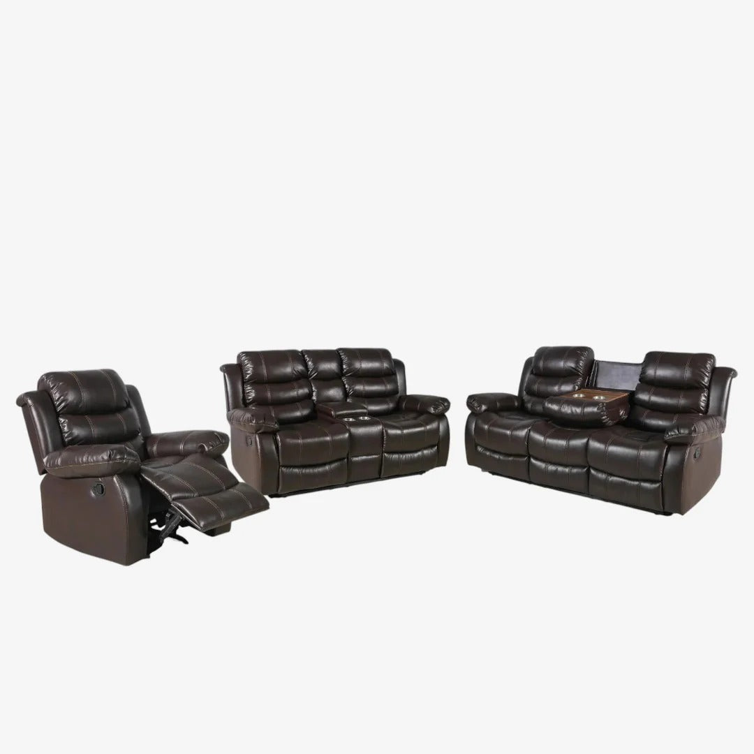 Sereno Recliner Set Brown | 3-Piece Manual Recliner Chair, Loveseat & Sofa