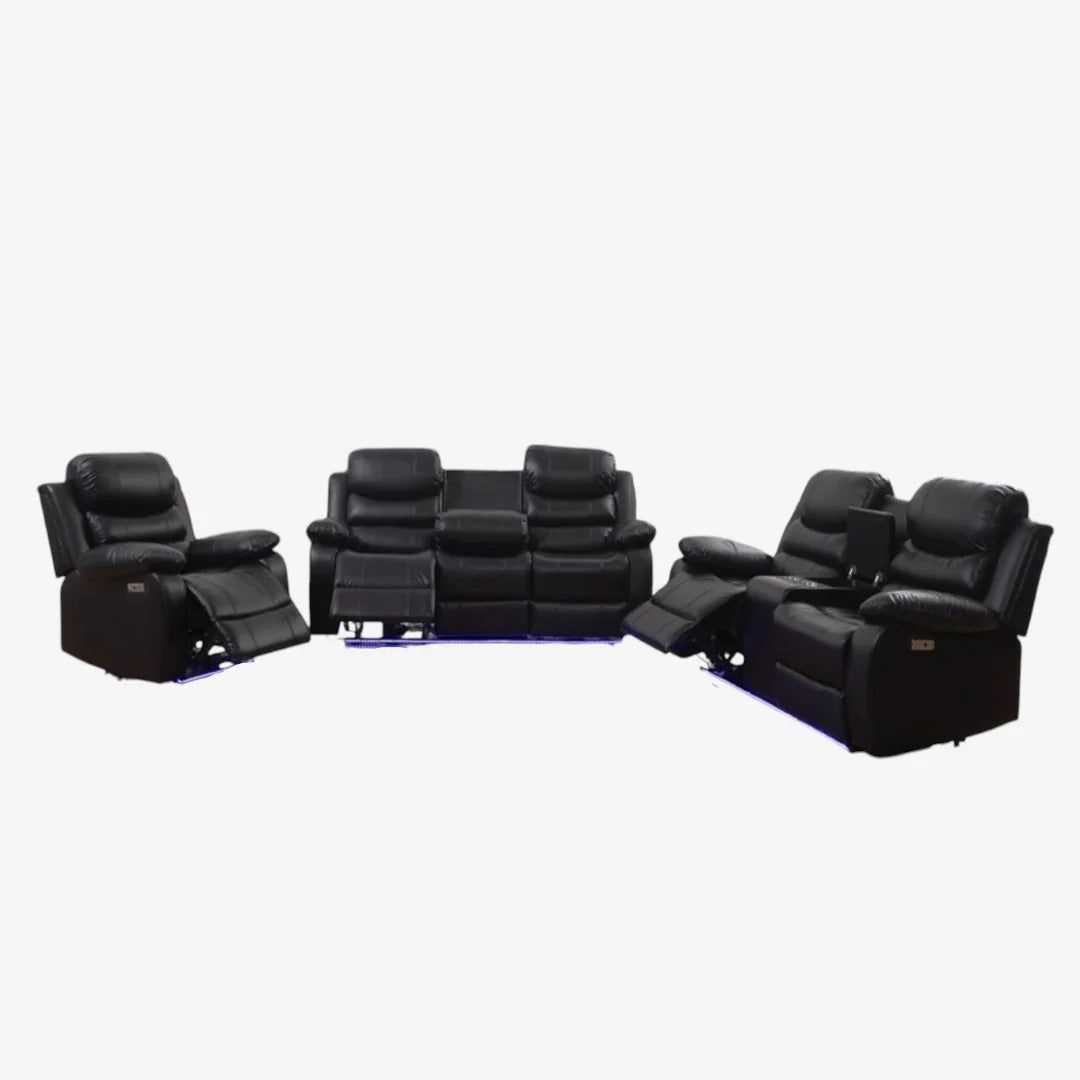 Sereno Black Power Recliner Set | Chair, Loveseat & Sofa with LED