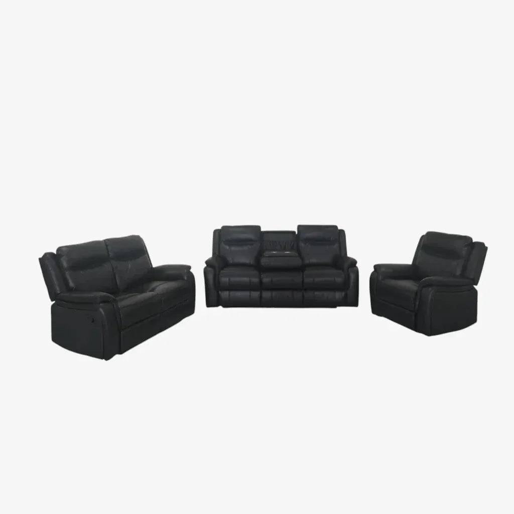 Lunaro Recliner Set – Black Manual Recliner Chair, Loveseat & Sofa with Dropdown Tray and Cup Holders