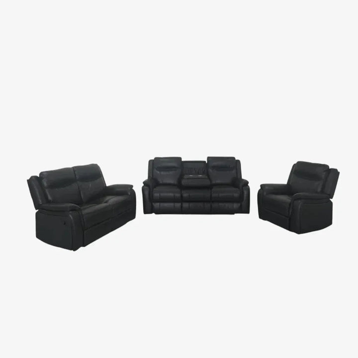 Lunaro Recliner Set – Black Manual Recliner Chair, Loveseat & Sofa with Dropdown Tray and Cup Holders