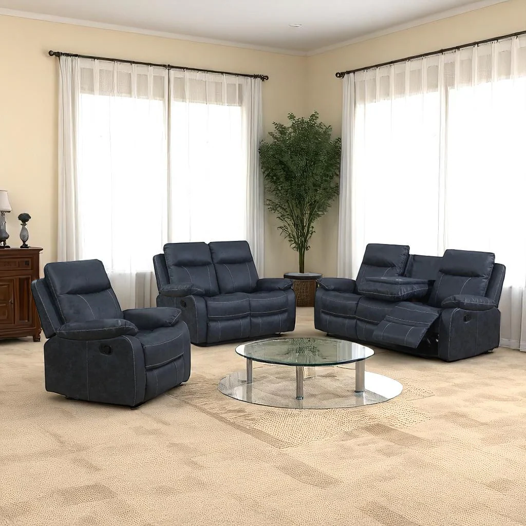Novaro Recliner Set Blue | Fabric Recliner Chair, Loveseat & Sofa