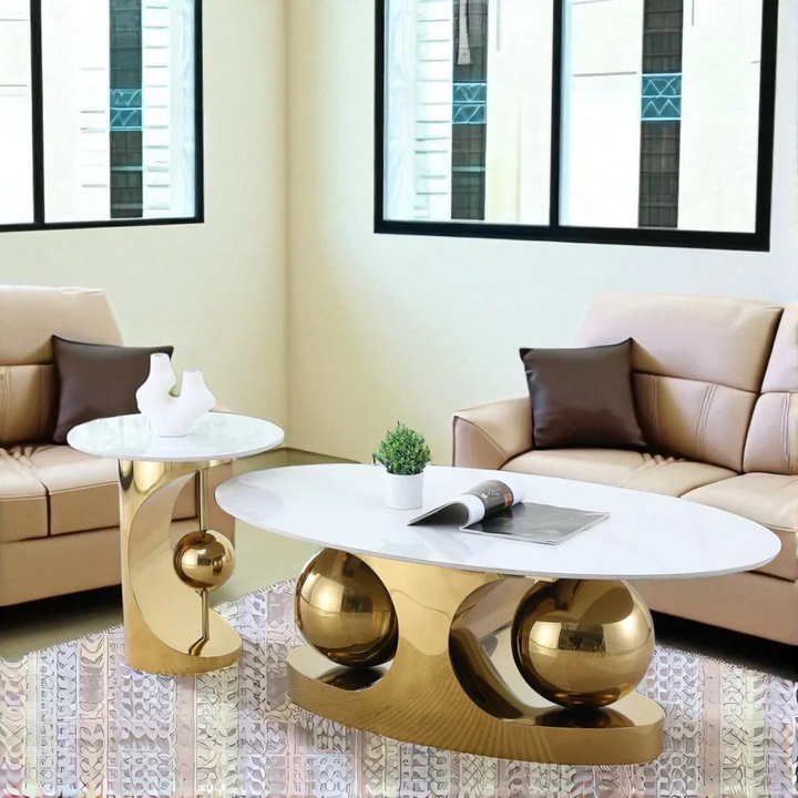 Grandeur 3-Piece Coffee Table Set – White Sintered Stone & Gold Metallic Base