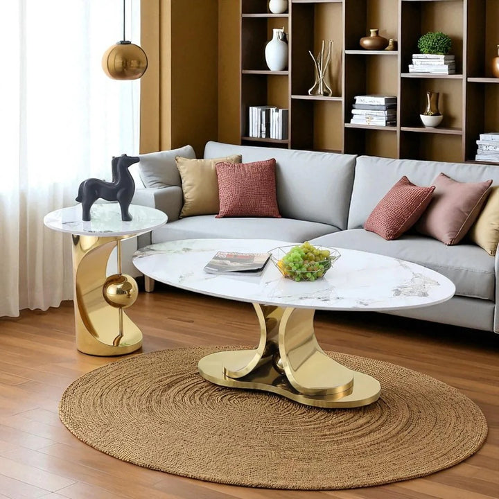 Crown 3-Piece Coffee Table Set – White Faux Marble & Gold Base