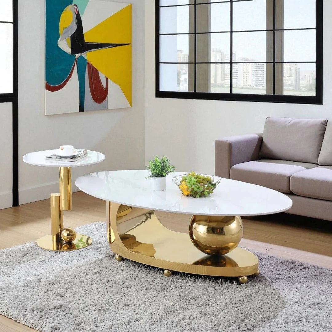 Nobleton 3-Piece Coffee Table Set – White Sintered Stone & Gold Metallic Base